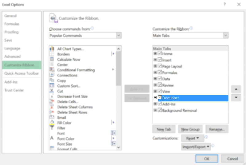 Enabling the Developer menu in Excel