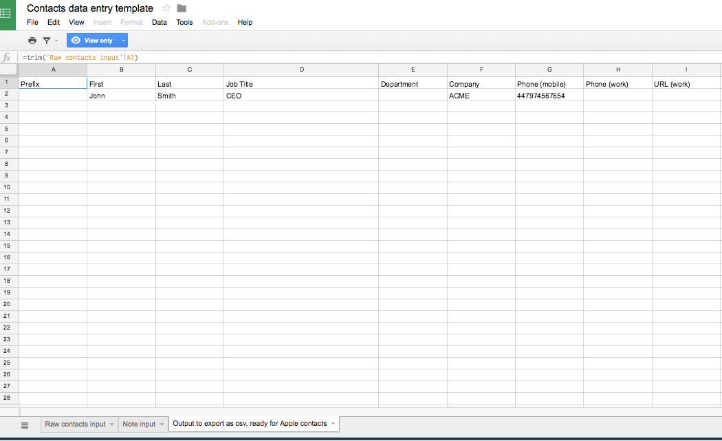Contacts data entry template