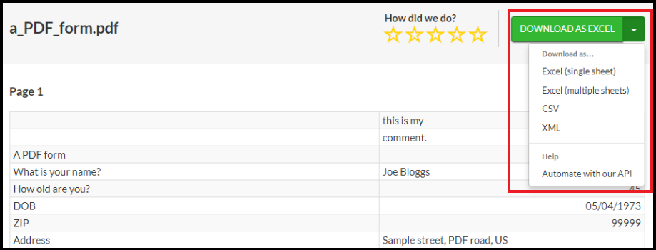 The Download As Excel button on PDFTables.com