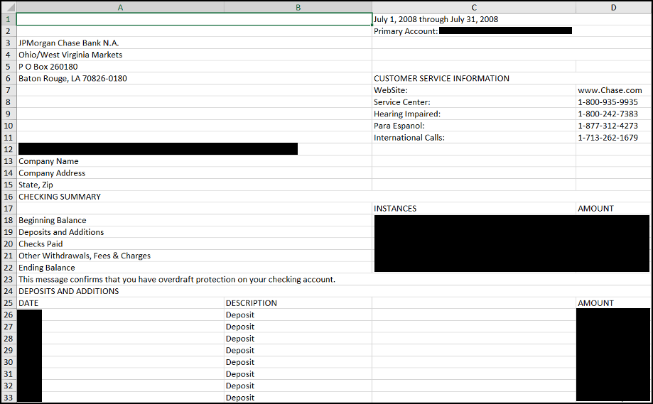 A sample bank statement in Excel.