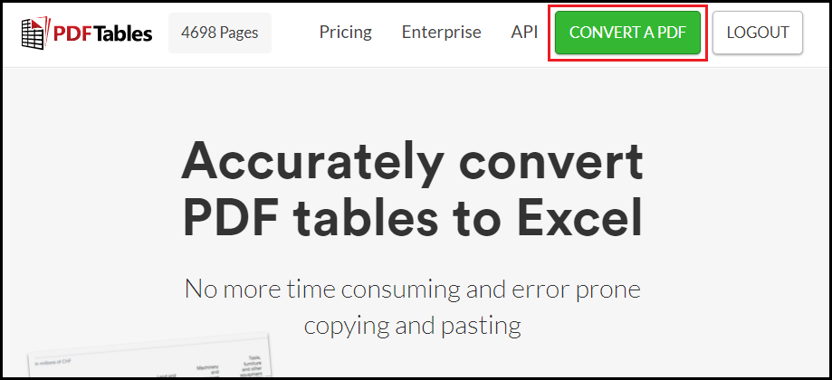 The PDFTables.com convert a PDF button on the PDFTables.com homepage.