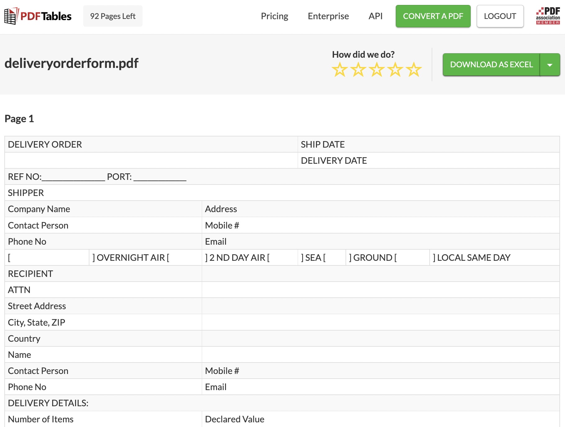 A delivery order form converted on the PDFTables.com site.