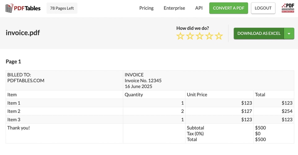 An invoice converted with PDFTables.com