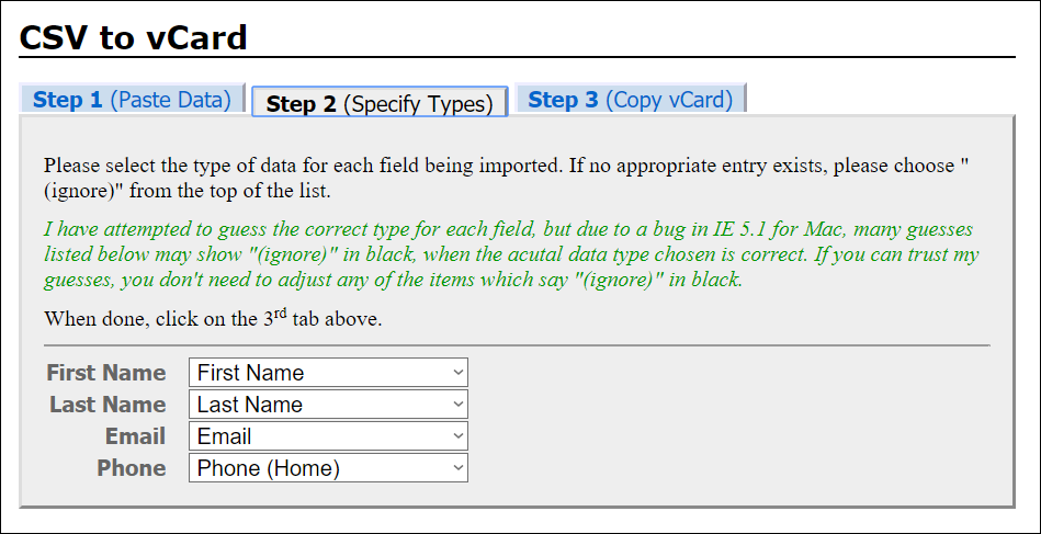 Specify column names for vCard