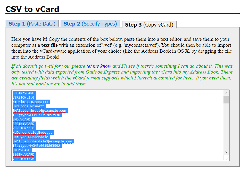 change vcard to csv