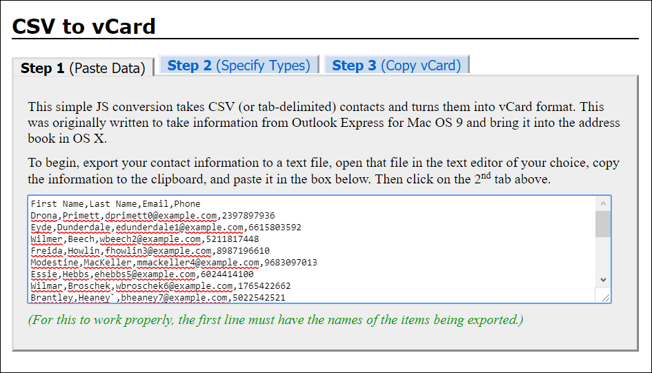 Paste contacts CSV into converter