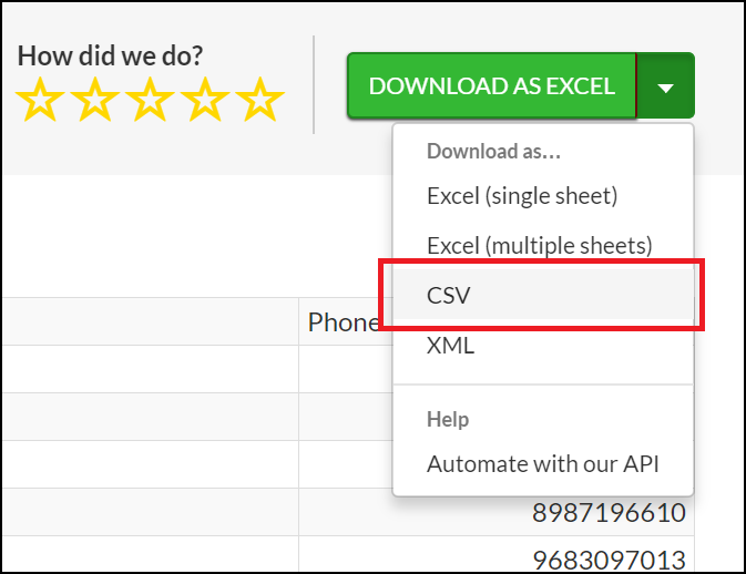 Download PDF contacts as CSV