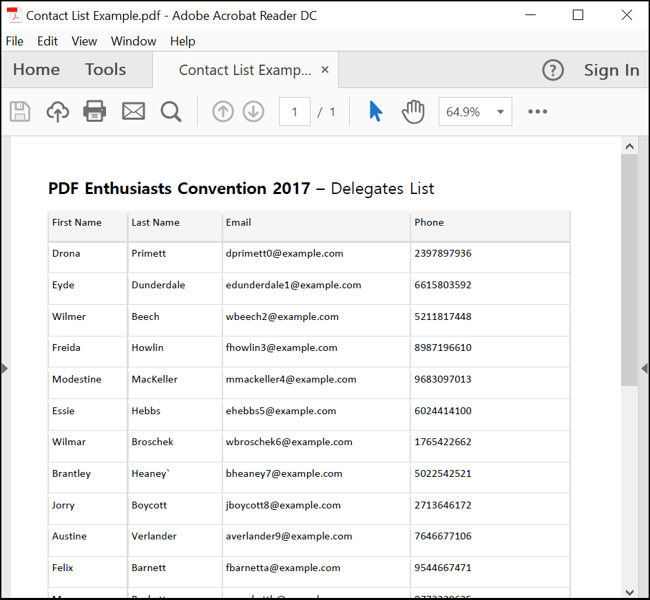 Example PDF contacts list
