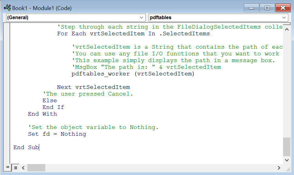 The VBA code in the code editor