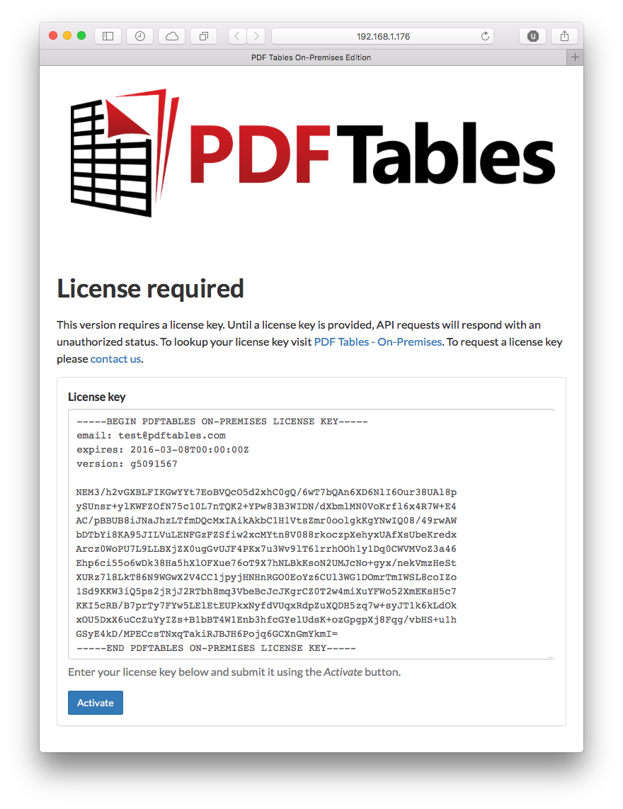 License key form filled out